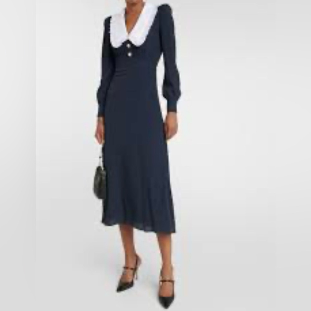 Alessandra Rich Navy Midi Dress with White Peter Pan Collar
